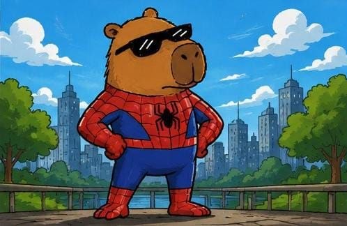 Capyderman standing heroically in the park